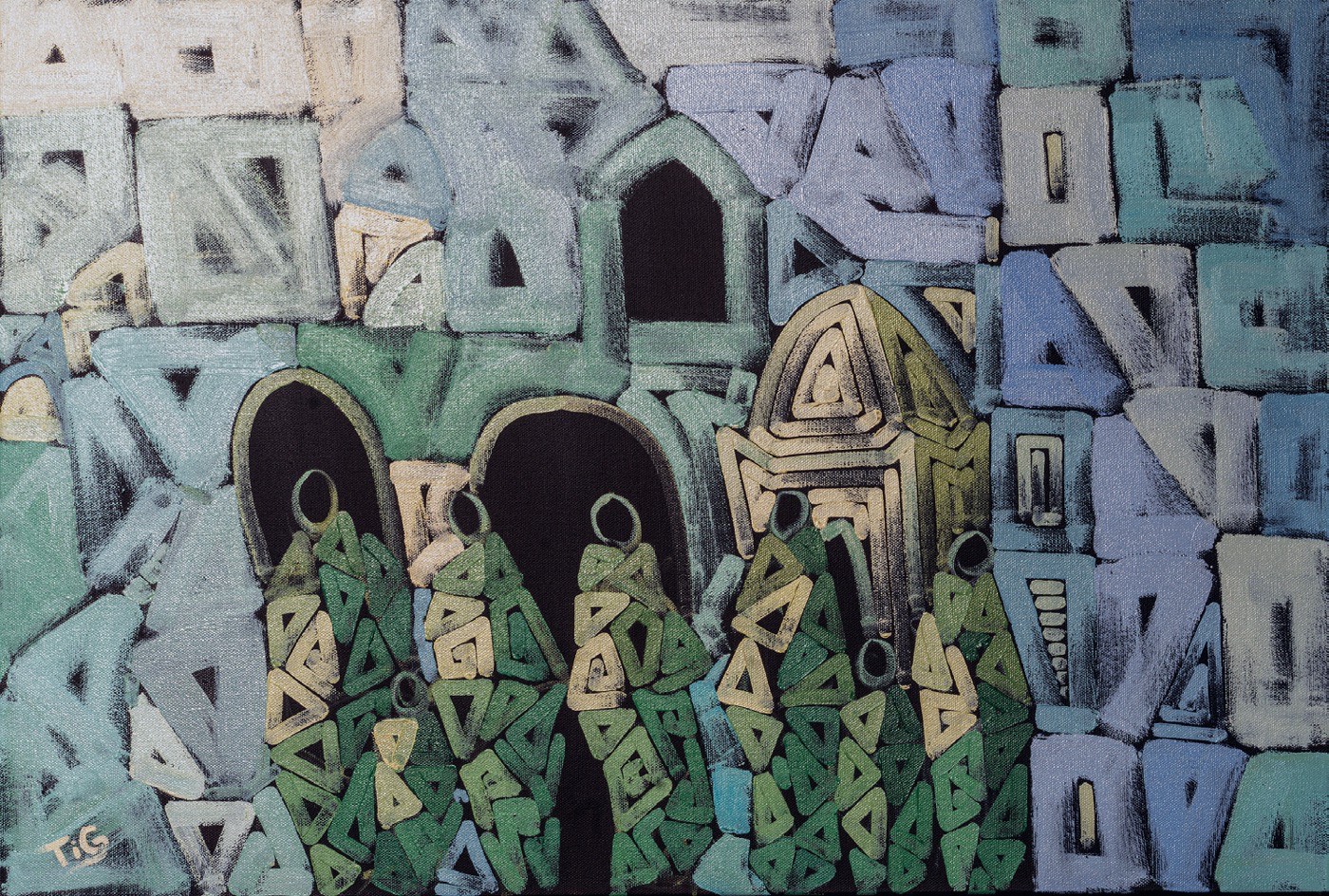 Entre mausolée vert et ville, huile sur toile, 2026
