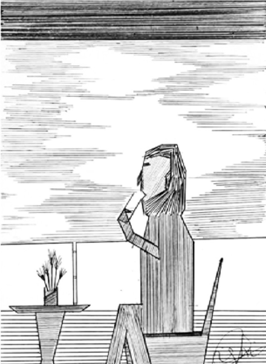 Dessin au crayon : personnage attablé