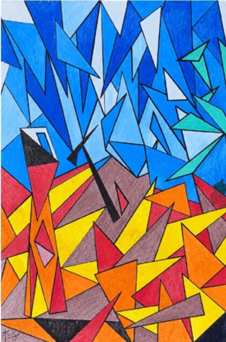 Dessin au crayon de couleur : composition de triangles