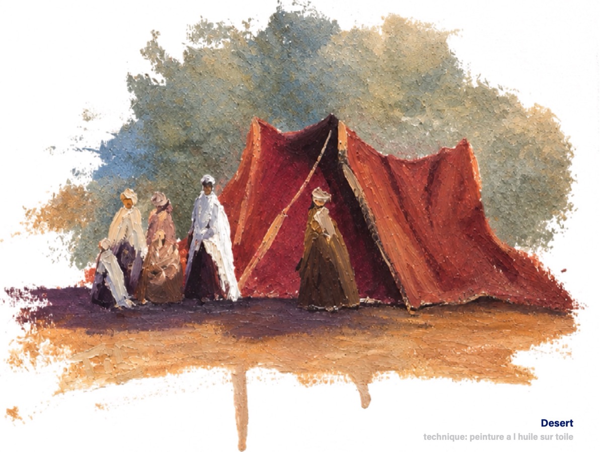 Desert, huile sur toile : tente rouge et personnages